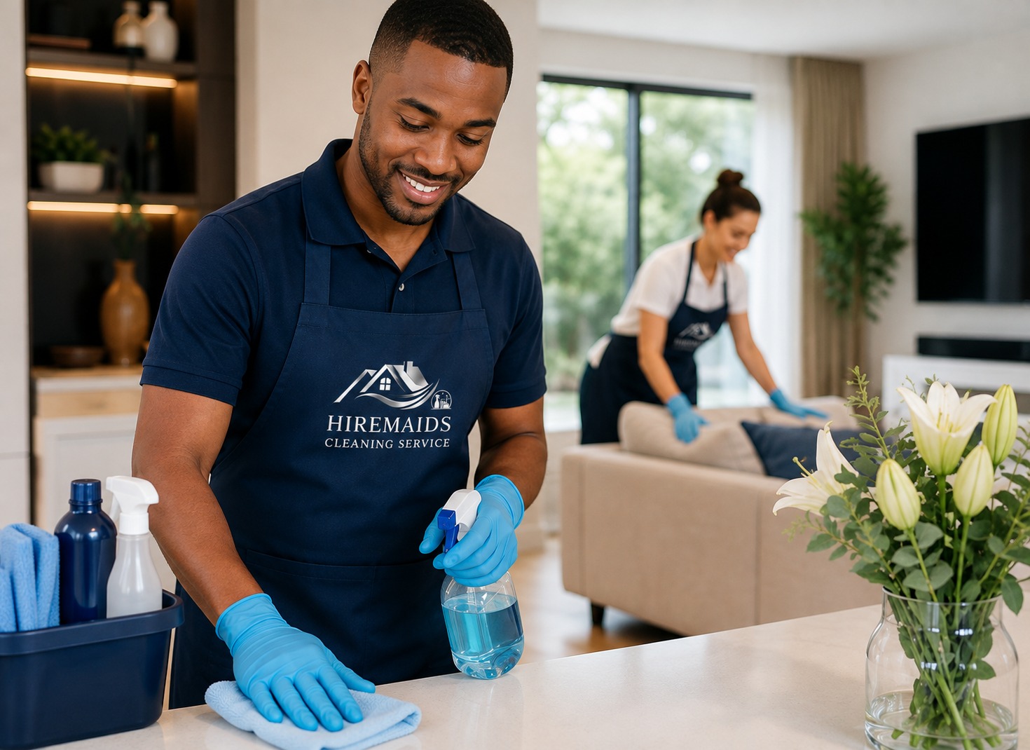 A HireMaid cleaner in a navy branded apron wiping a kitchen surface while a colleague works behind